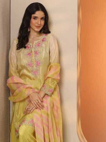 Yellow Embroidered Crepe Straight Suit Set With Dupatta