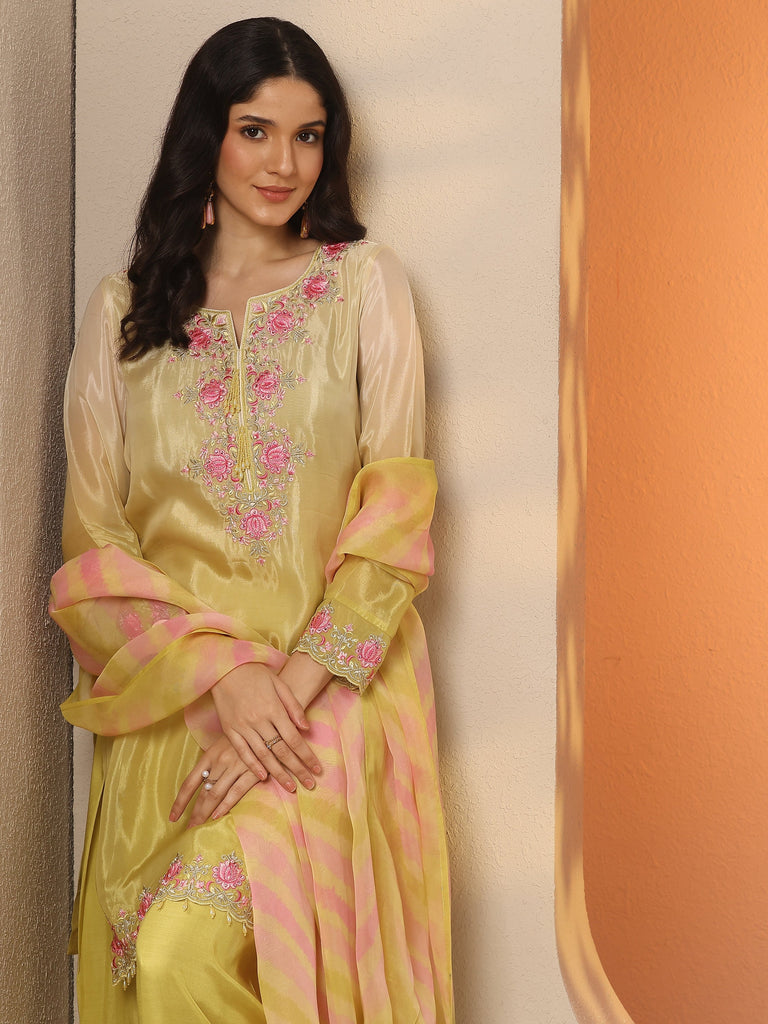 Libas Yellow Embroidered Crepe Straight Suit Set With Dupatta