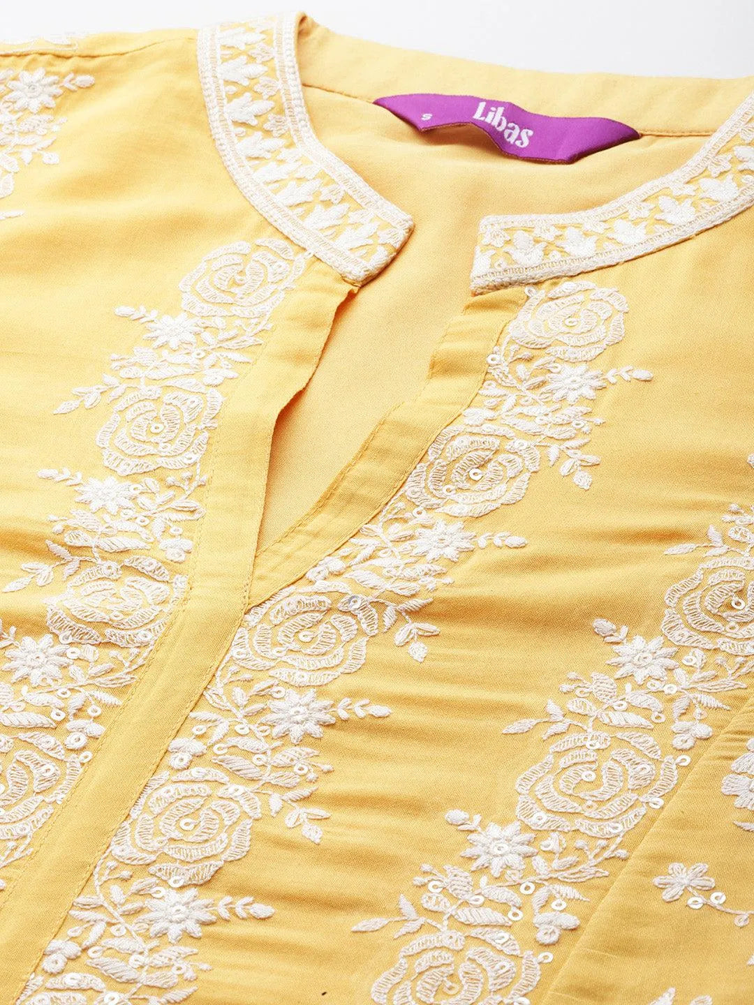 Libas Art Yellow Embroidered Silk Blend Straight Kurta With Palazzos & Dupatta - Libas 
