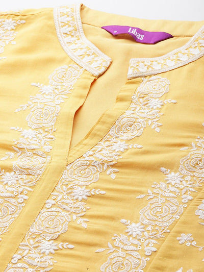 Libas Art Yellow Embroidered Silk Blend Straight Kurta With Palazzos & Dupatta - Libas