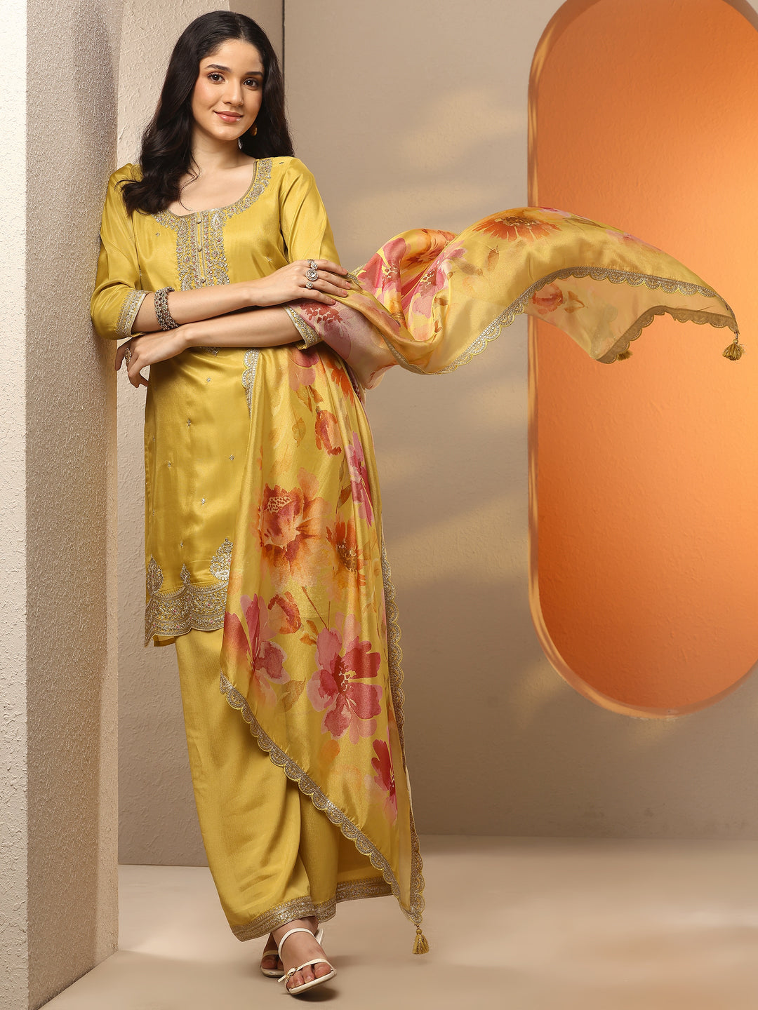 Libas Art Yellow Embroidered Silk Blend Straight Suit Set With Dupatta