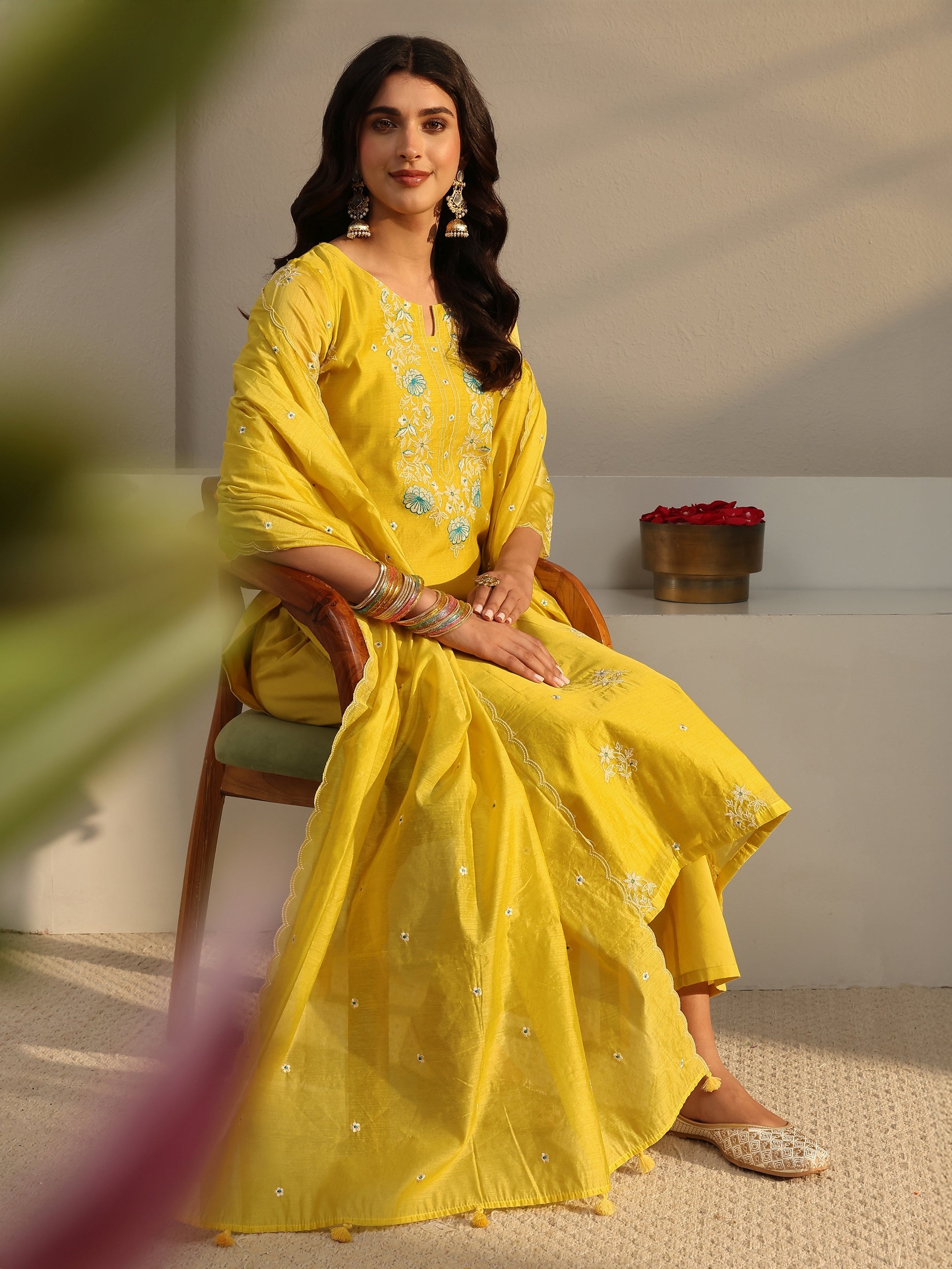 Libas Art Yellow Embroidered Silk Blend Straight Suit Set With Dupatta-picture-39