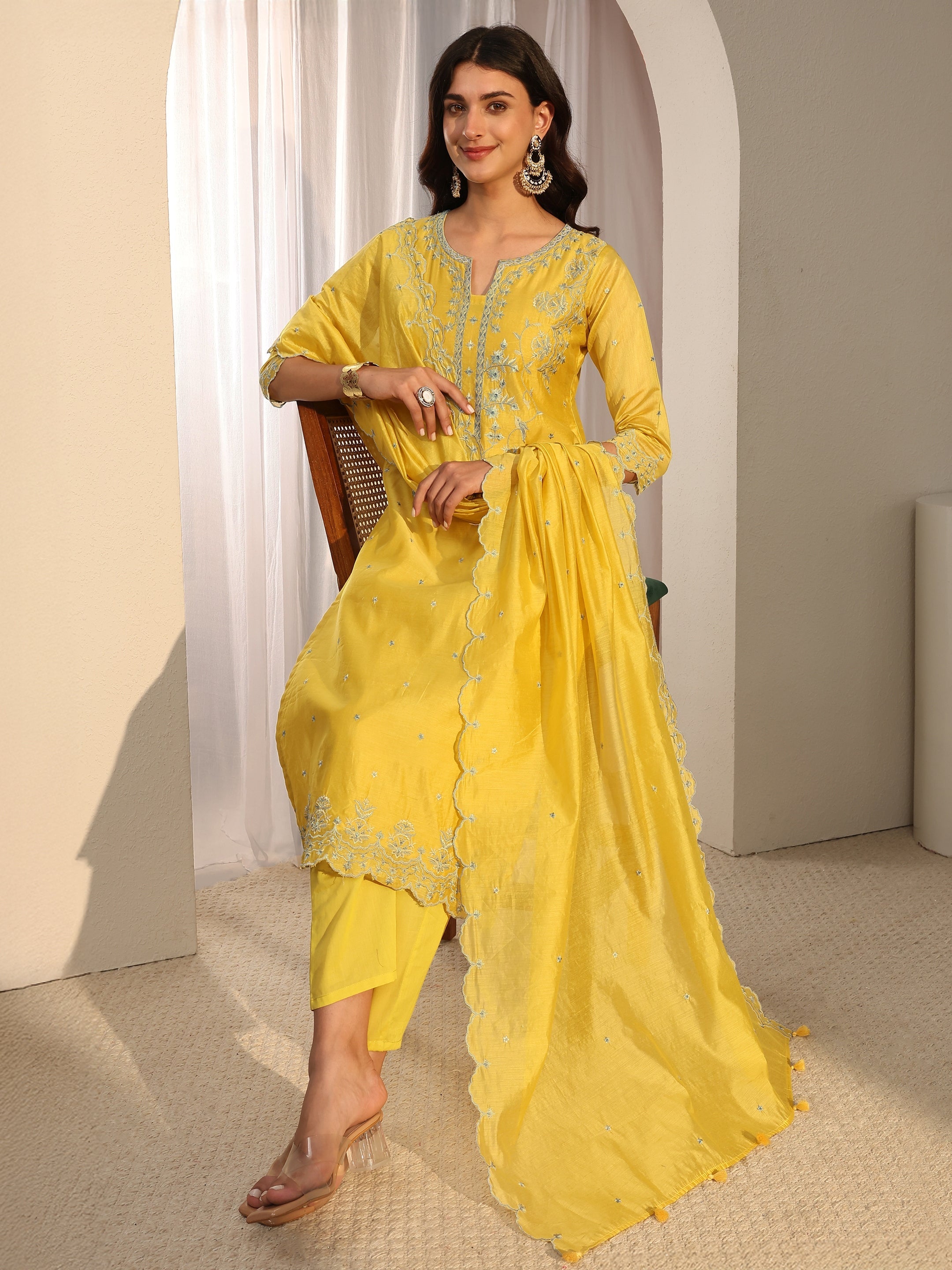 Libas Art Yellow Embroidered Silk Blend Straight Suit Set With Dupatta-picture-20