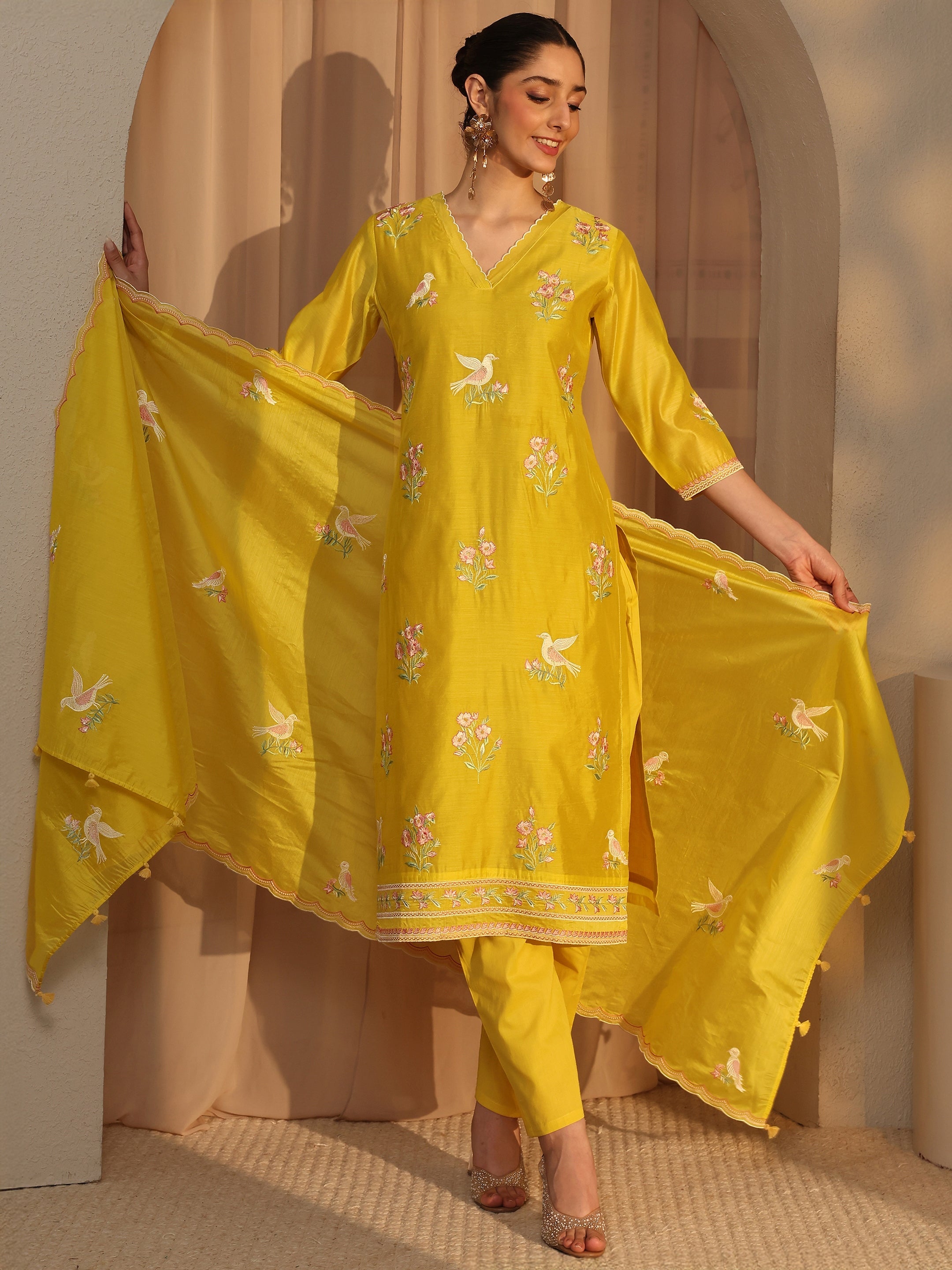 Libas Art Yellow Embroidered Silk Blend Straight Suit Set With Dupatta-picture-17