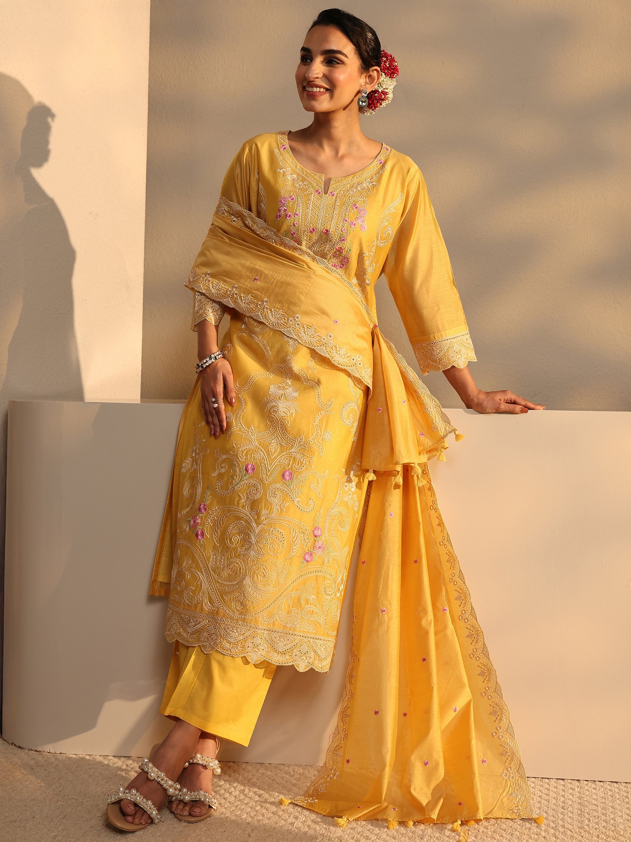 Libas Art Yellow Embroidered Silk Blend Straight Suit Set With Dupatta-picture-18