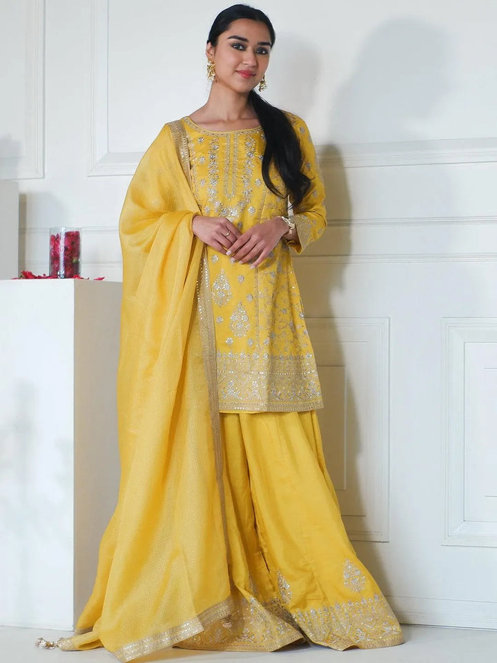 Libas Art Yellow Embroidered Silk Straight Kurti With Palazzos & Dupatta - Libas