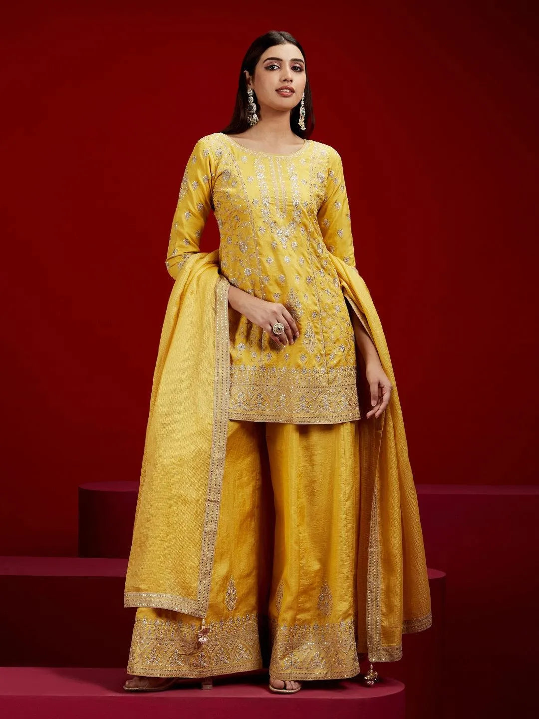 Libas Art Yellow Embroidered Silk Straight Kurti With Palazzos & Dupatta - Libas 