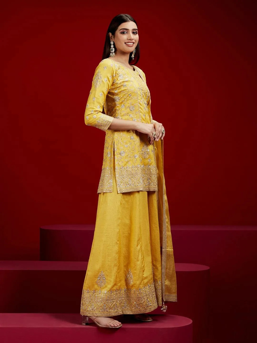 Libas Art Yellow Embroidered Silk Straight Kurti With Palazzos & Dupatta - Libas 