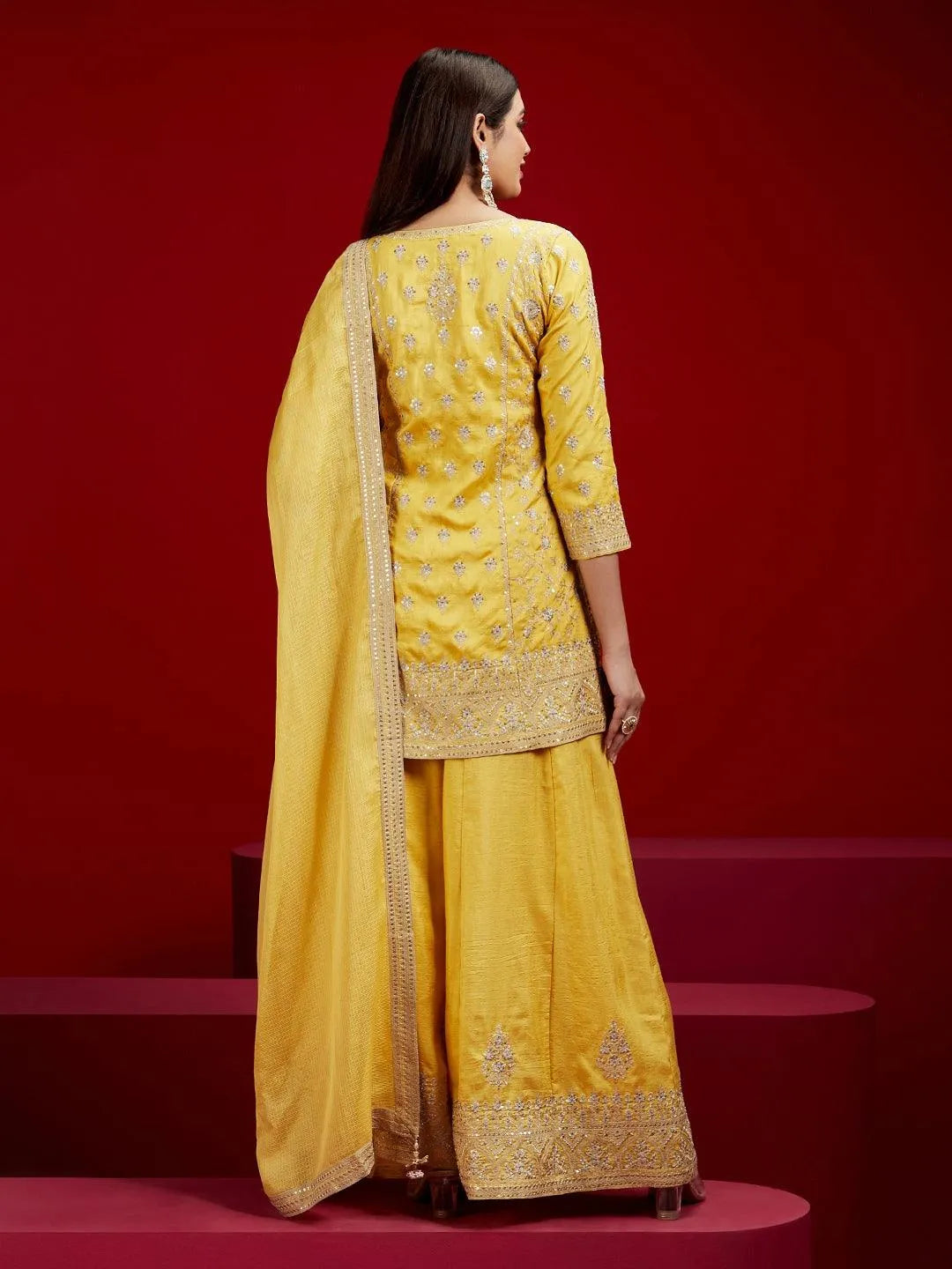 Libas Art Yellow Embroidered Silk Straight Kurti With Palazzos & Dupatta - Libas 