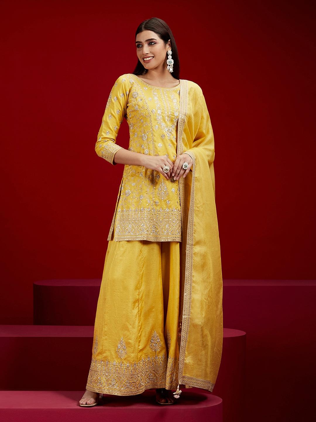 Libas Art Yellow Embroidered Silk Straight Suit With Dupatta