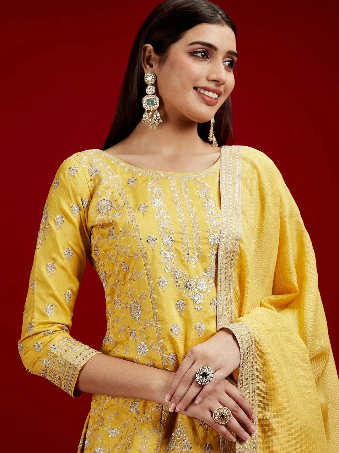 Libas Art Yellow Embroidered Silk Straight Kurti With Palazzos & Dupatta - Libas