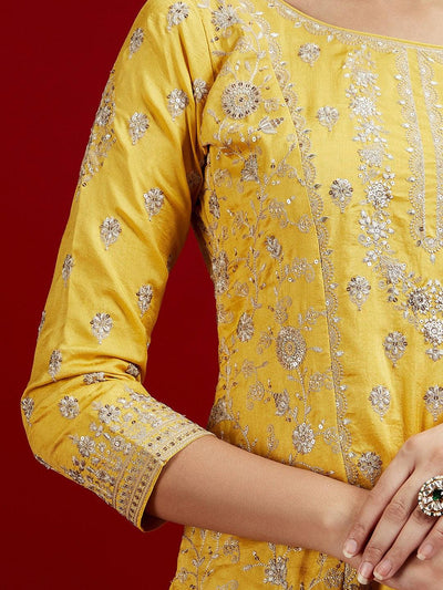 Libas Art Yellow Embroidered Silk Straight Kurti With Palazzos & Dupatta - Libas