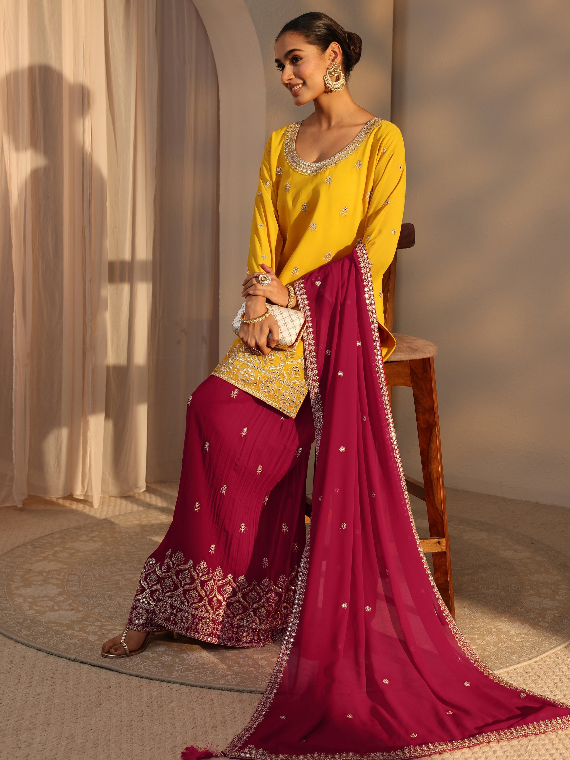 Libas Art Yellow Floral Embroidered Georgette Straight Suits Set With Dupatta-picture-31