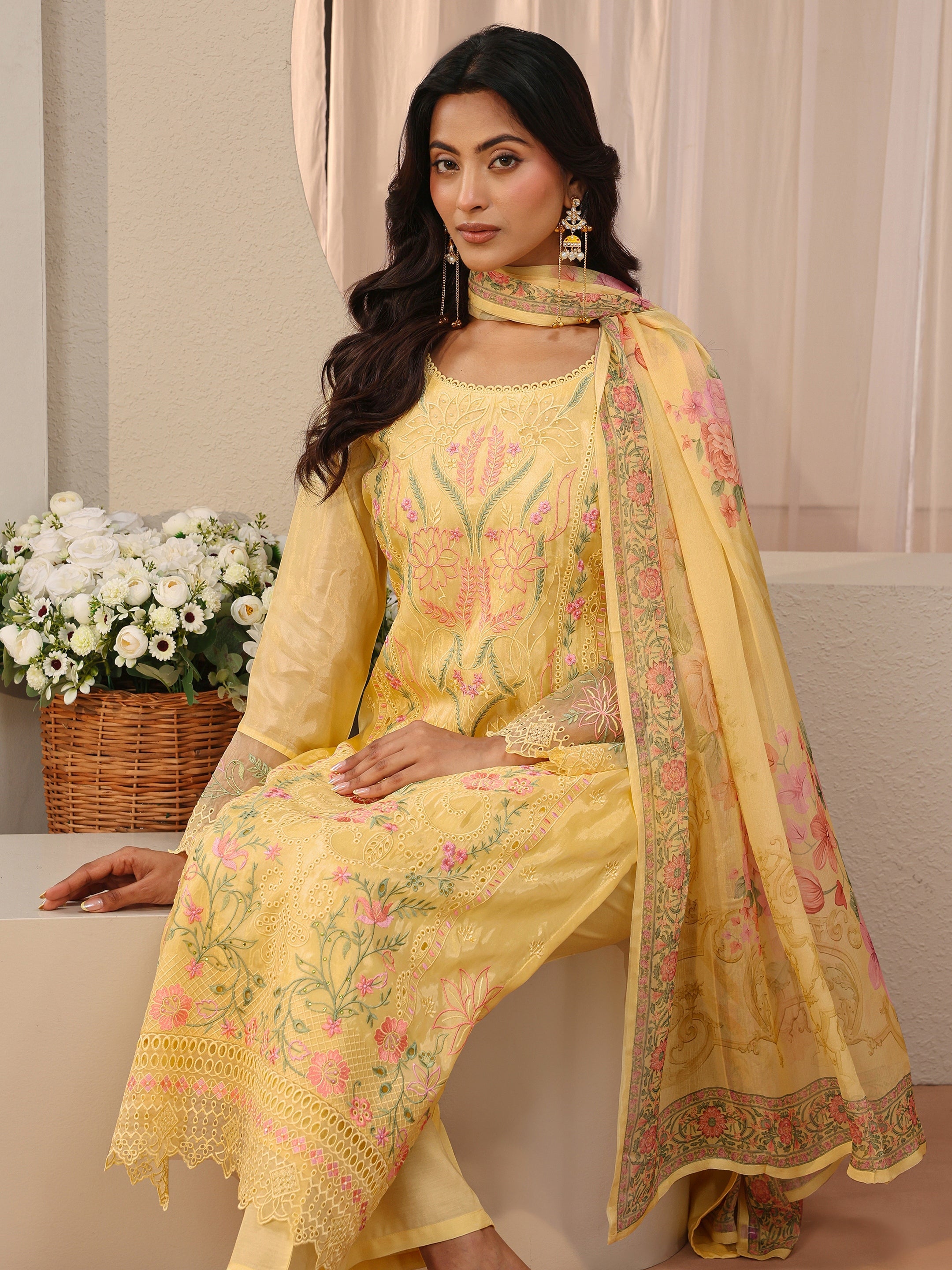 Libas Art Yellow Floral Embroidered Silk Blend Straight Suit Set-picture-33
