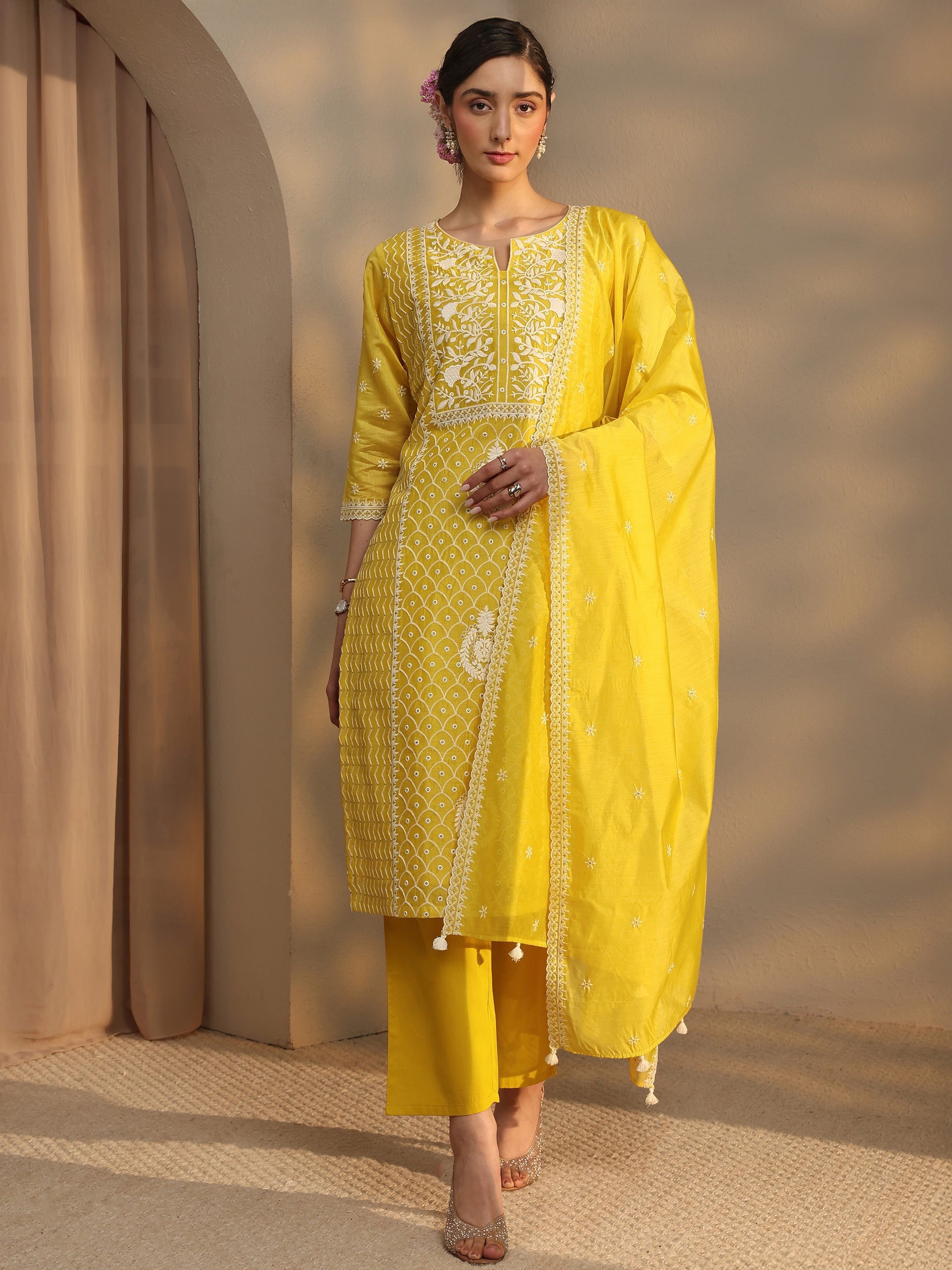 Libas Art Yellow Floral Embroidered Silk Blend Straight Suit Set With Dupatta-picture-30