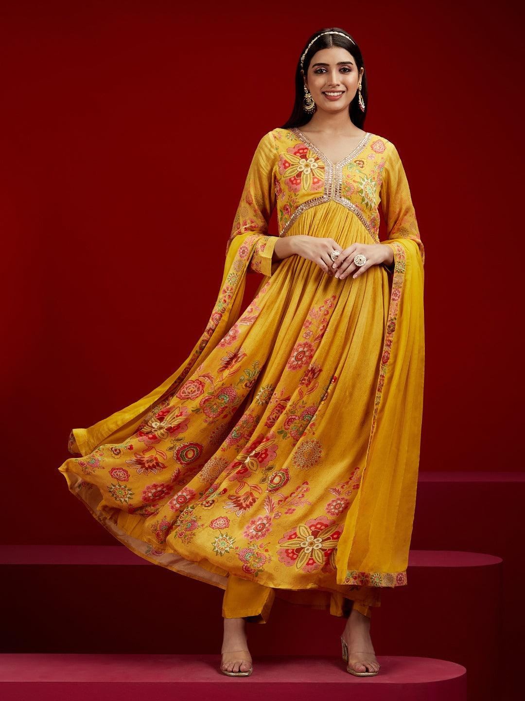 Libas Art Yellow Printed Silk Anarkali Suit With Dupatta
