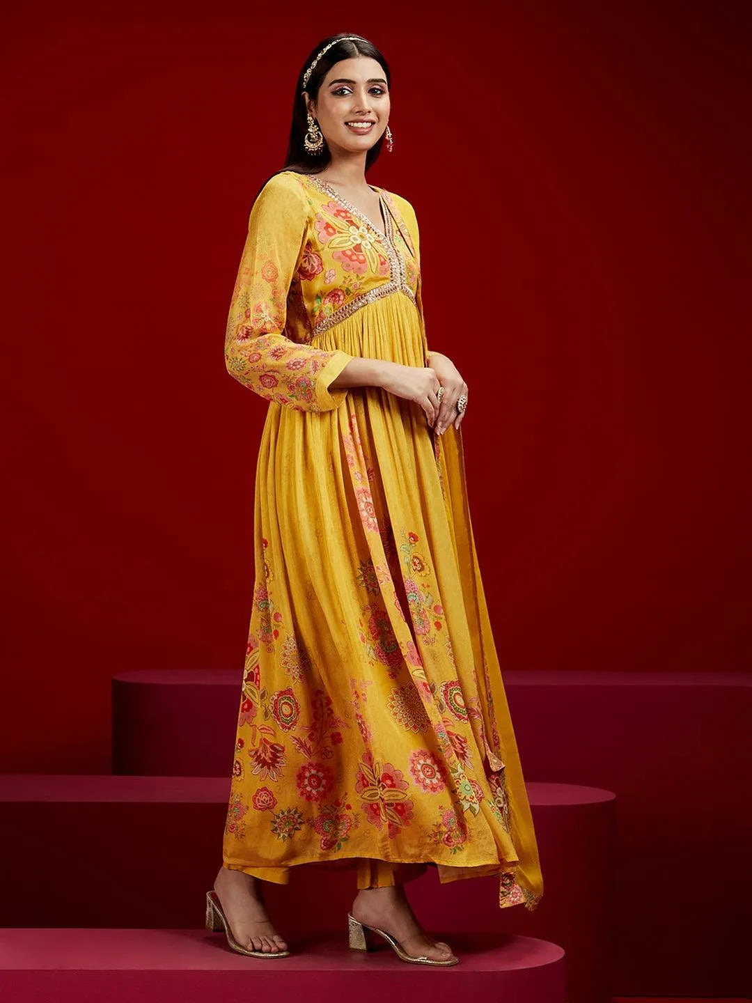 Libas Art Yellow Printed Silk Chiffon Anarkali Kurta With Trousers & Dupatta - Libas