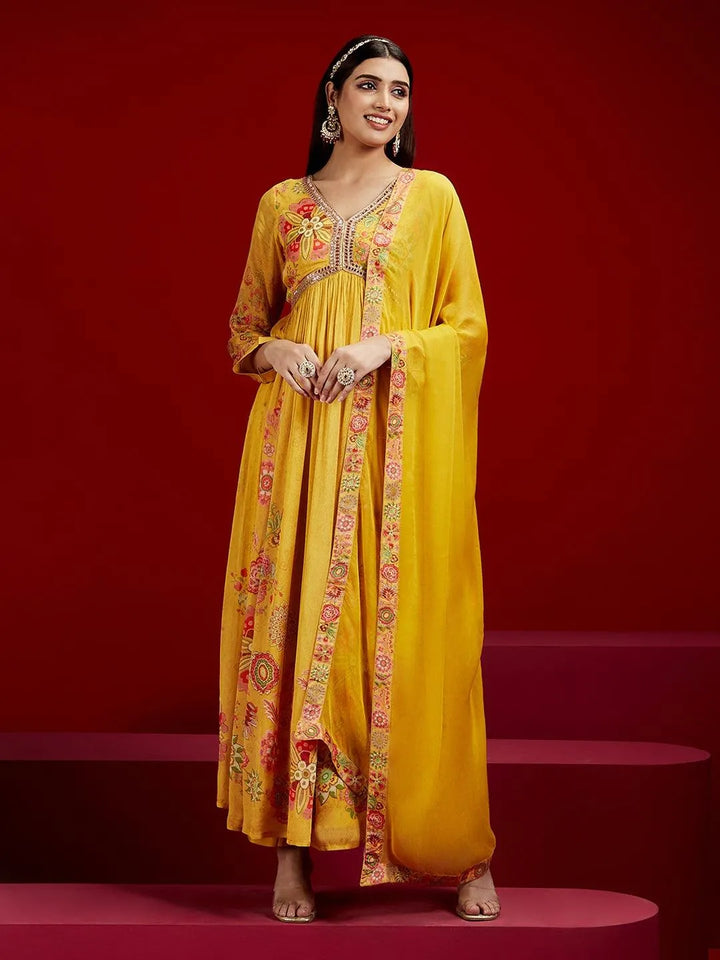 Libas Art Yellow Printed Silk Chiffon Anarkali Kurta With Trousers & Dupatta - Libas