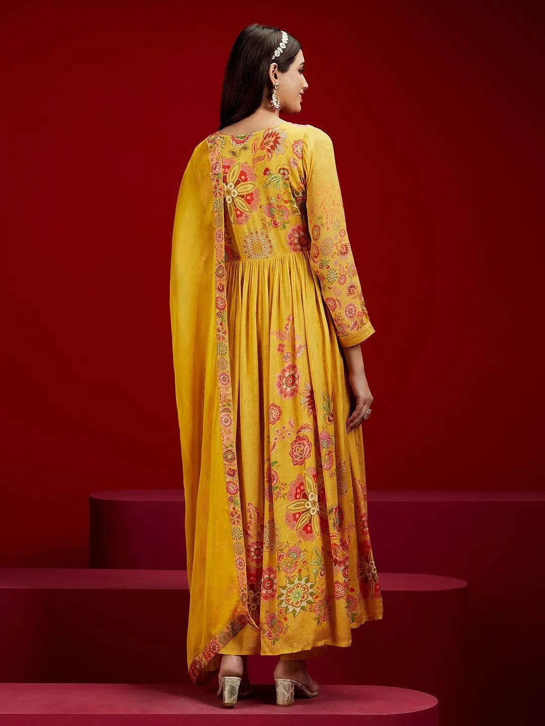 Libas Art Yellow Printed Silk Chiffon Anarkali Kurta With Trousers & Dupatta - Libas