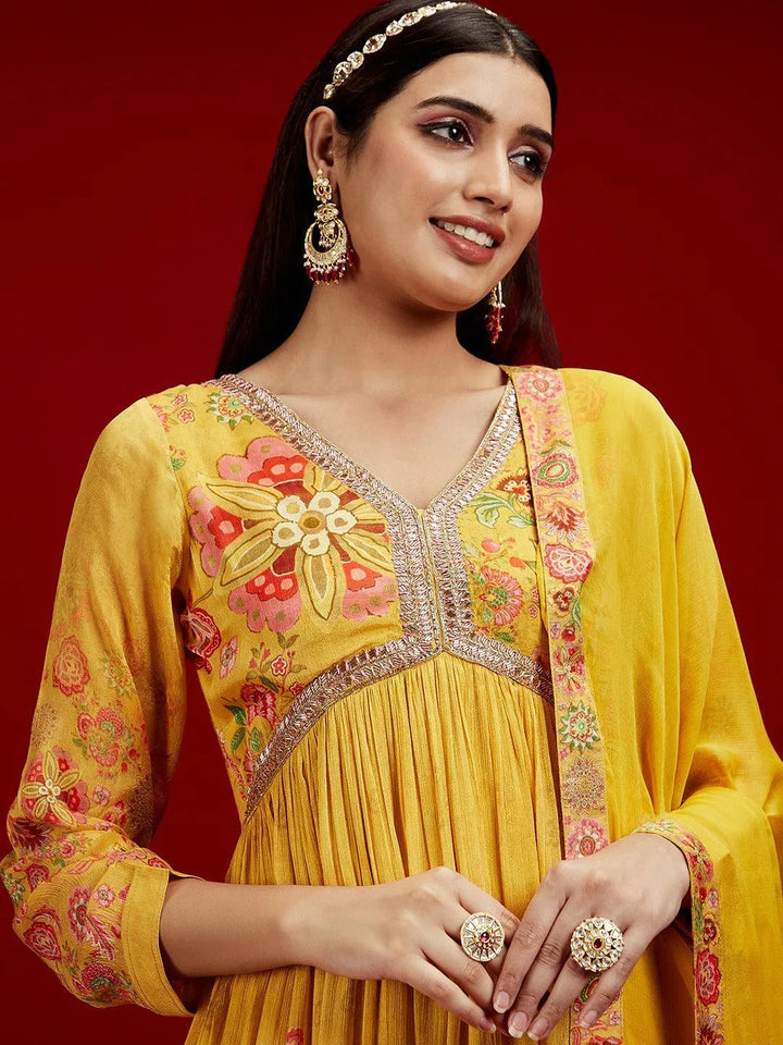 Libas Art Yellow Printed Silk Chiffon Anarkali Kurta With Trousers & Dupatta - Libas