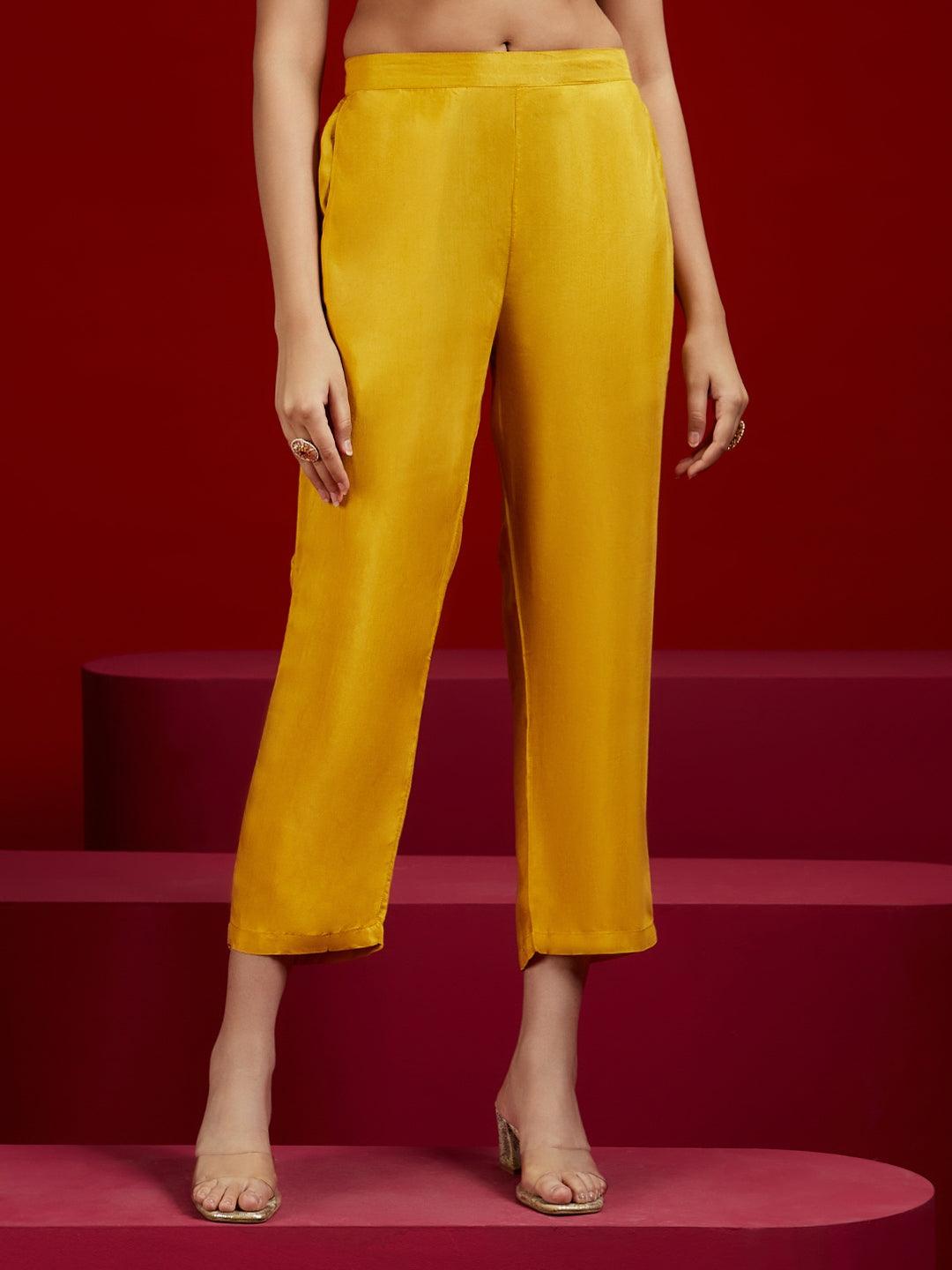 Libas Art Yellow Printed Silk Chiffon Anarkali Kurta With Trousers & Dupatta - Libas