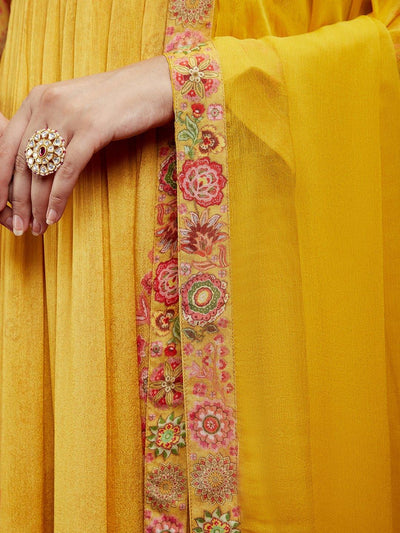 Libas Art Yellow Printed Silk Chiffon Anarkali Kurta With Trousers & Dupatta - Libas