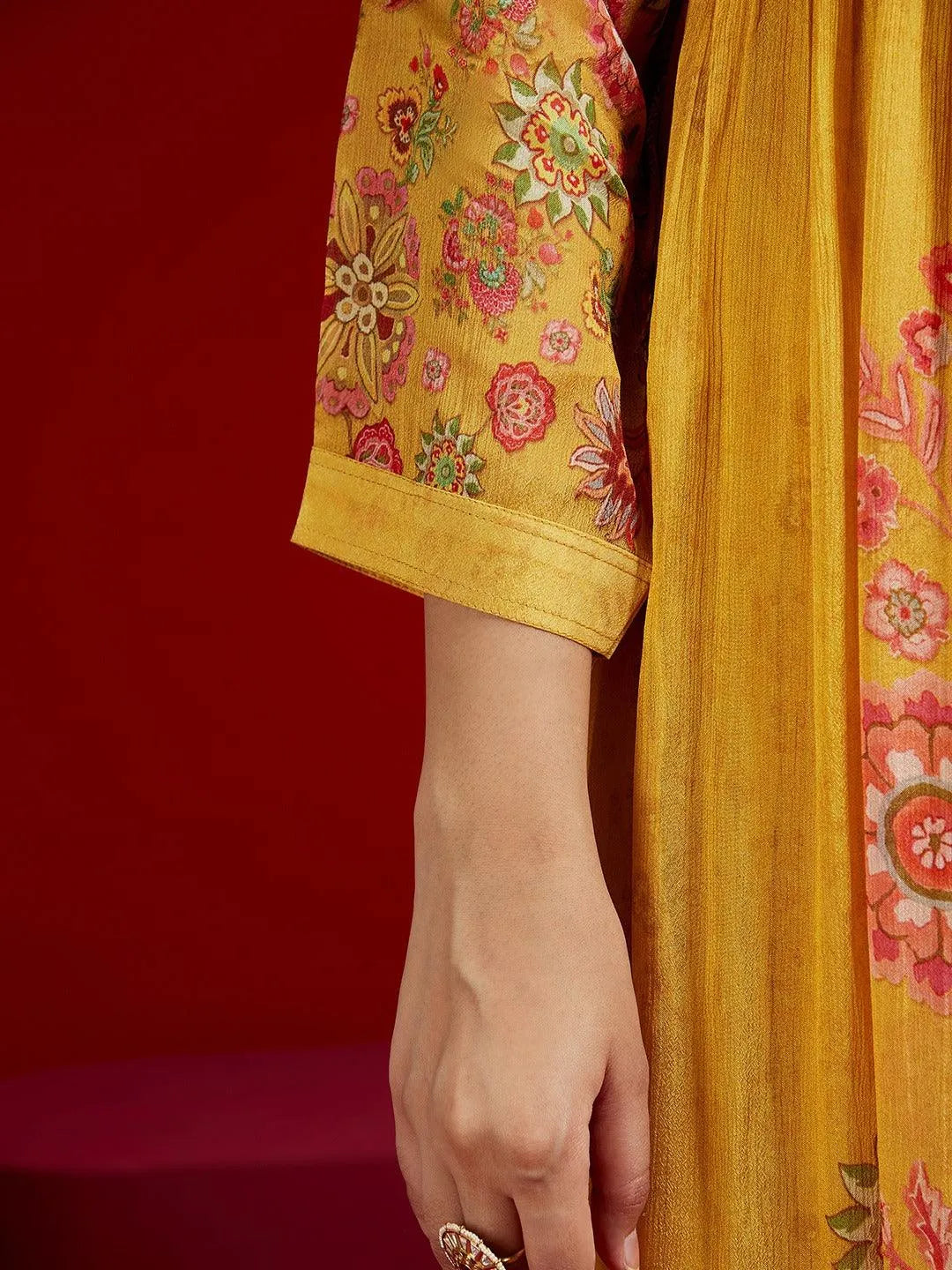 Libas Art Yellow Printed Silk Chiffon Anarkali Kurta With Trousers & Dupatta - Libas 