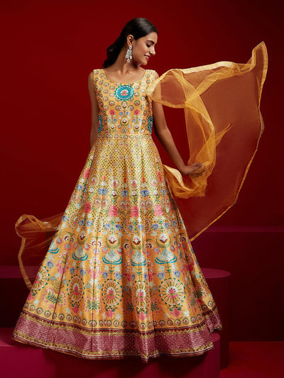 Libas Art Yellow Printed Silk Gown - Libas