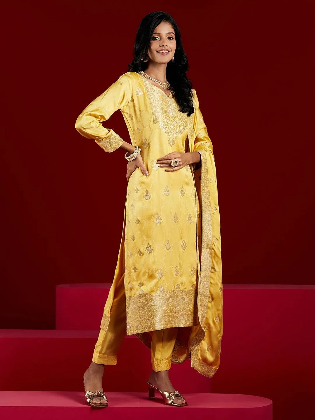 Libas Art Yellow Woven Design Silk Straight Kurta With Trousers & Dupatta - Libas 