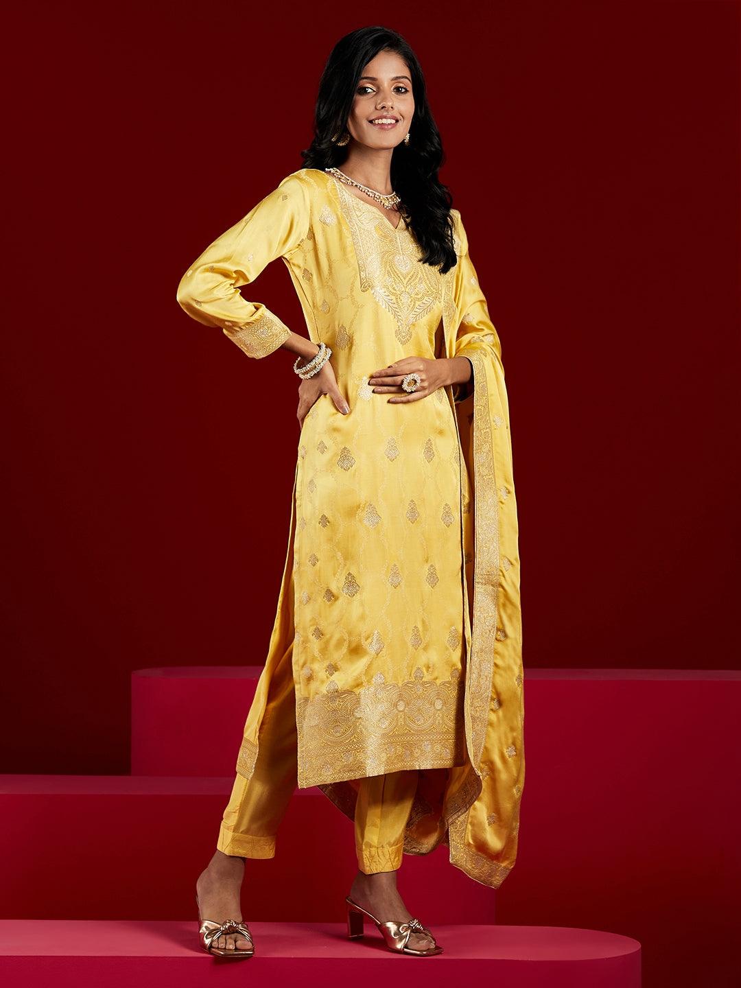 Libas Art Yellow Woven Design Silk Straight Kurta With Trousers & Dupatta - Libas