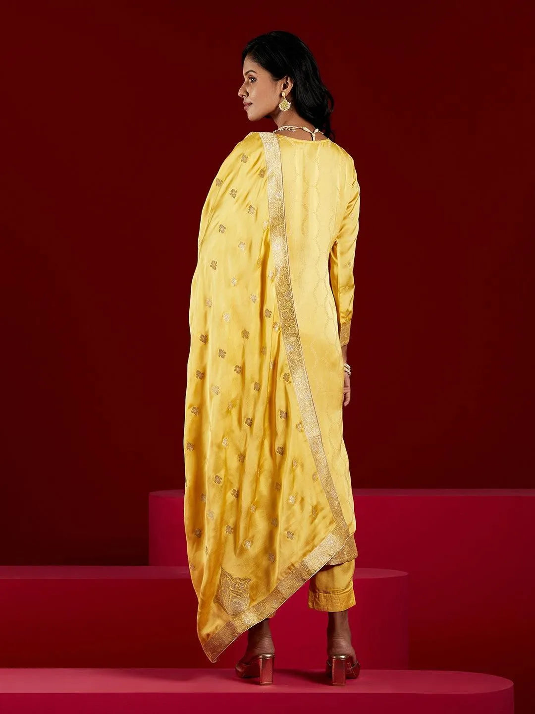 Libas Art Yellow Woven Design Silk Straight Kurta With Trousers & Dupatta - Libas 