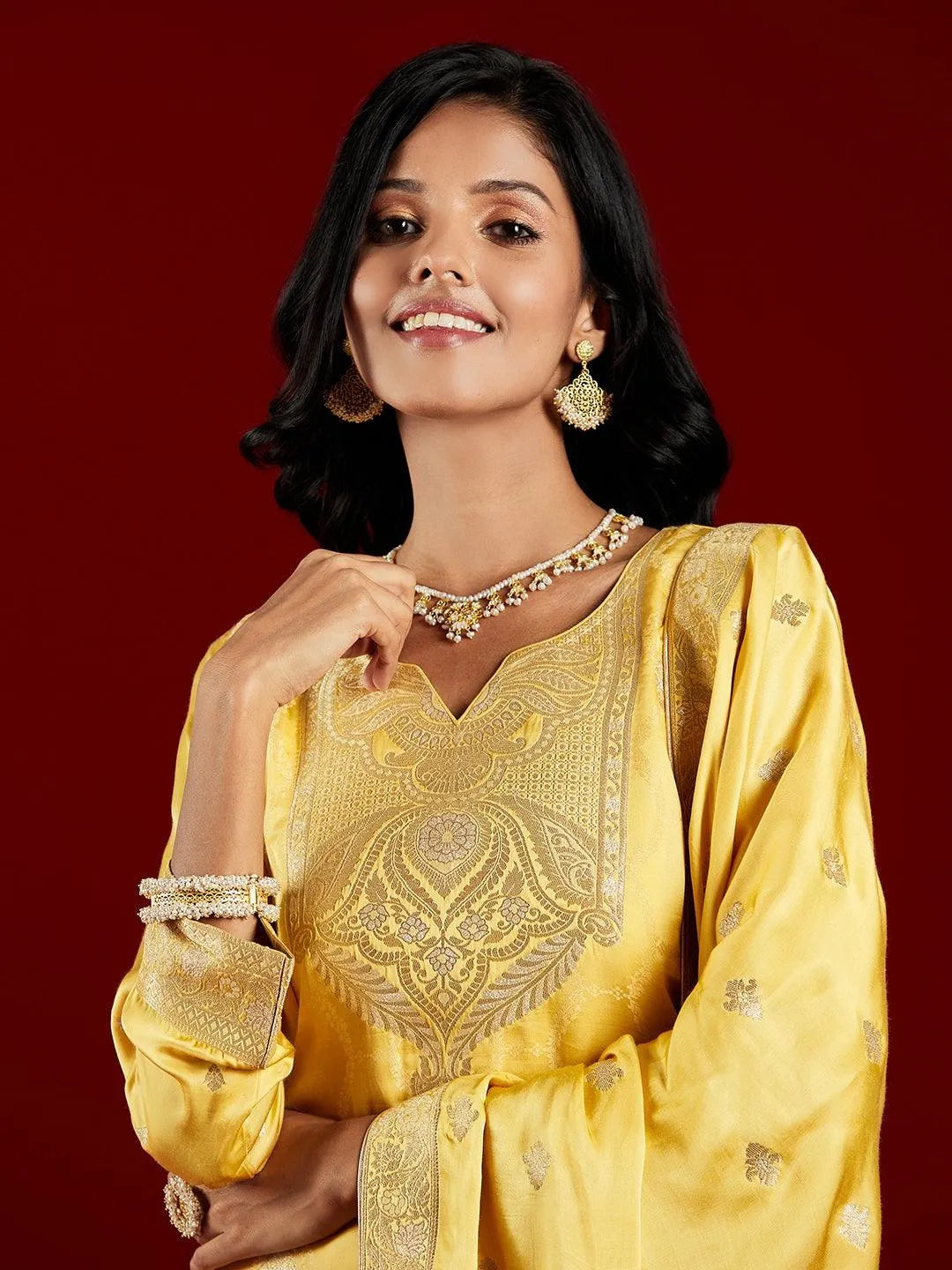 Libas Art Yellow Woven Design Silk Straight Kurta With Trousers & Dupatta - Libas 