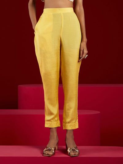 Libas Art Yellow Woven Design Silk Straight Kurta With Trousers & Dupatta - Libas