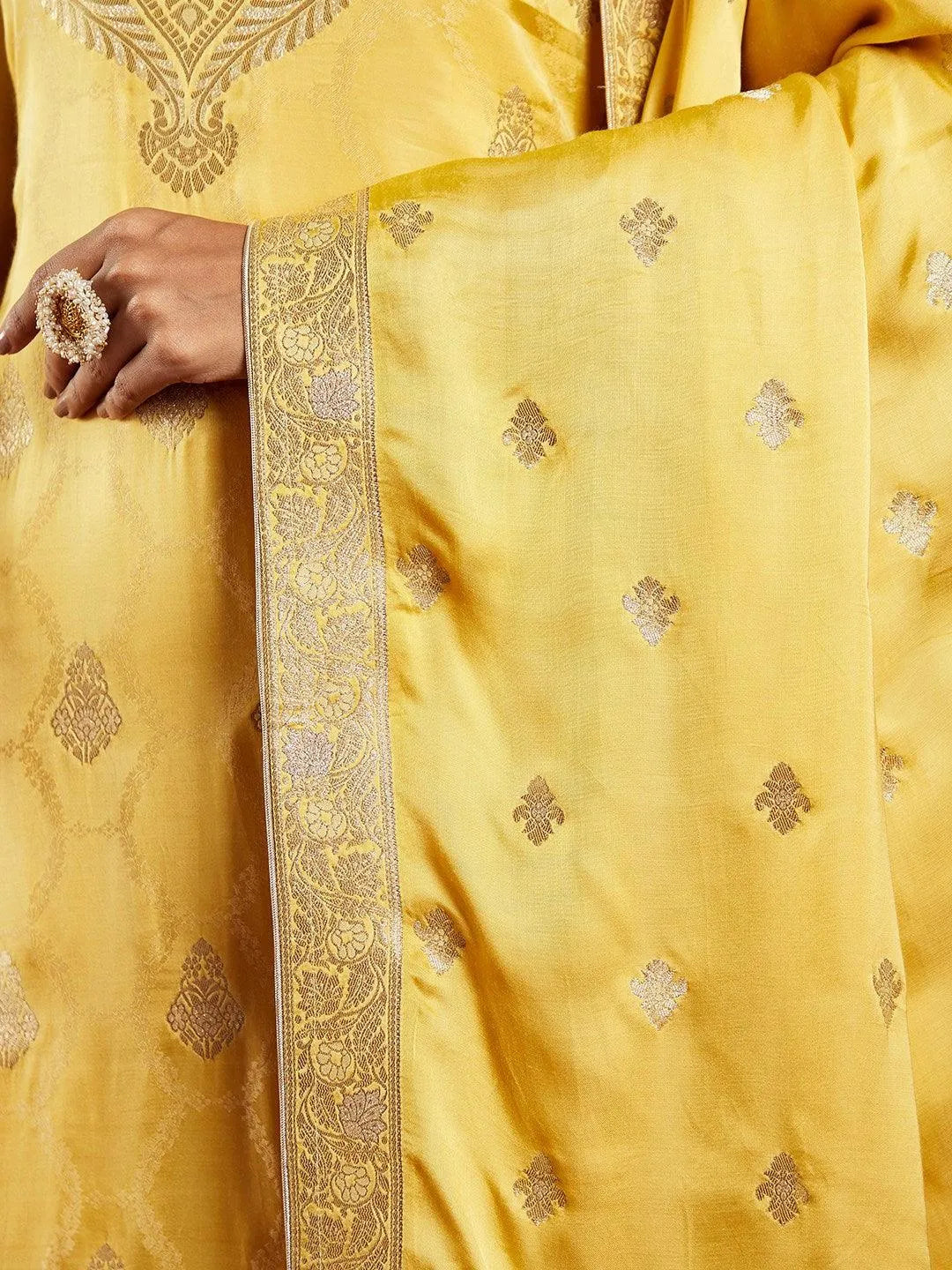 Libas Art Yellow Woven Design Silk Straight Kurta With Trousers & Dupatta - Libas 