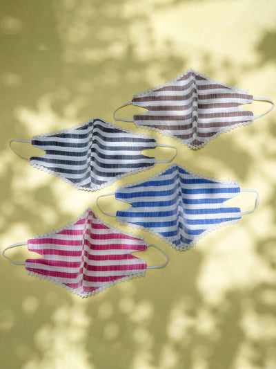 Libas Multicolored Up-cycled Cotton Masks with Lace detail and Stripes ( Pack of 4 ) - Libas