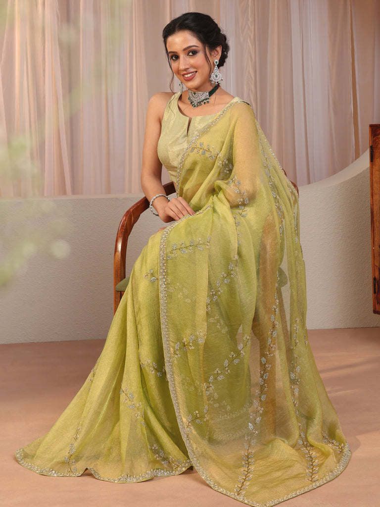 Libas Light Green Embellished Tissue Saree
