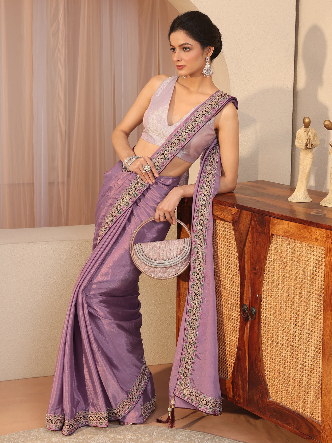  Lilac Embroidered Border Chiffon Saree 