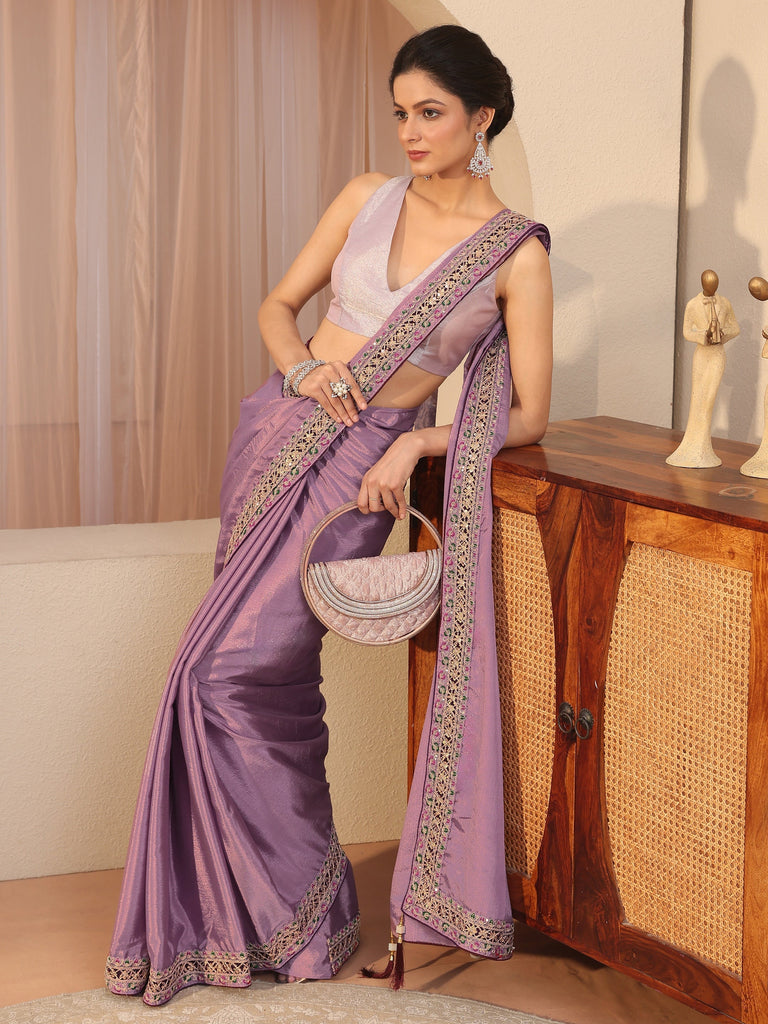 Libas Lilac Embroidered Border Chiffon Saree