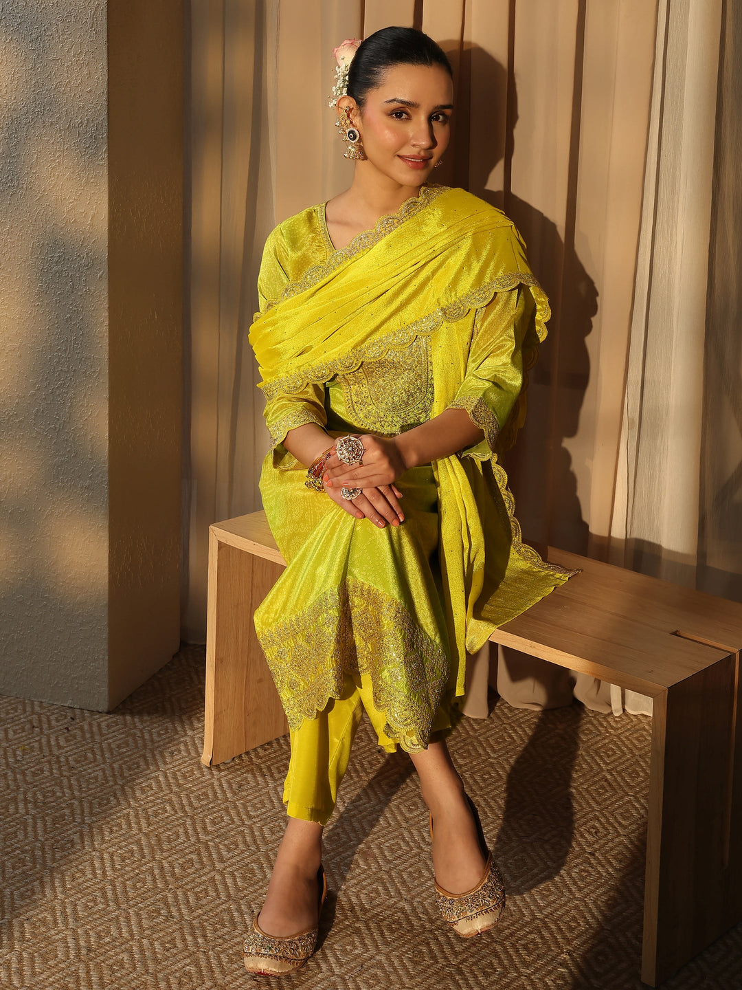 Lime Green Bandhani Embroidered Chinon Straight Suit Set With Dupatta