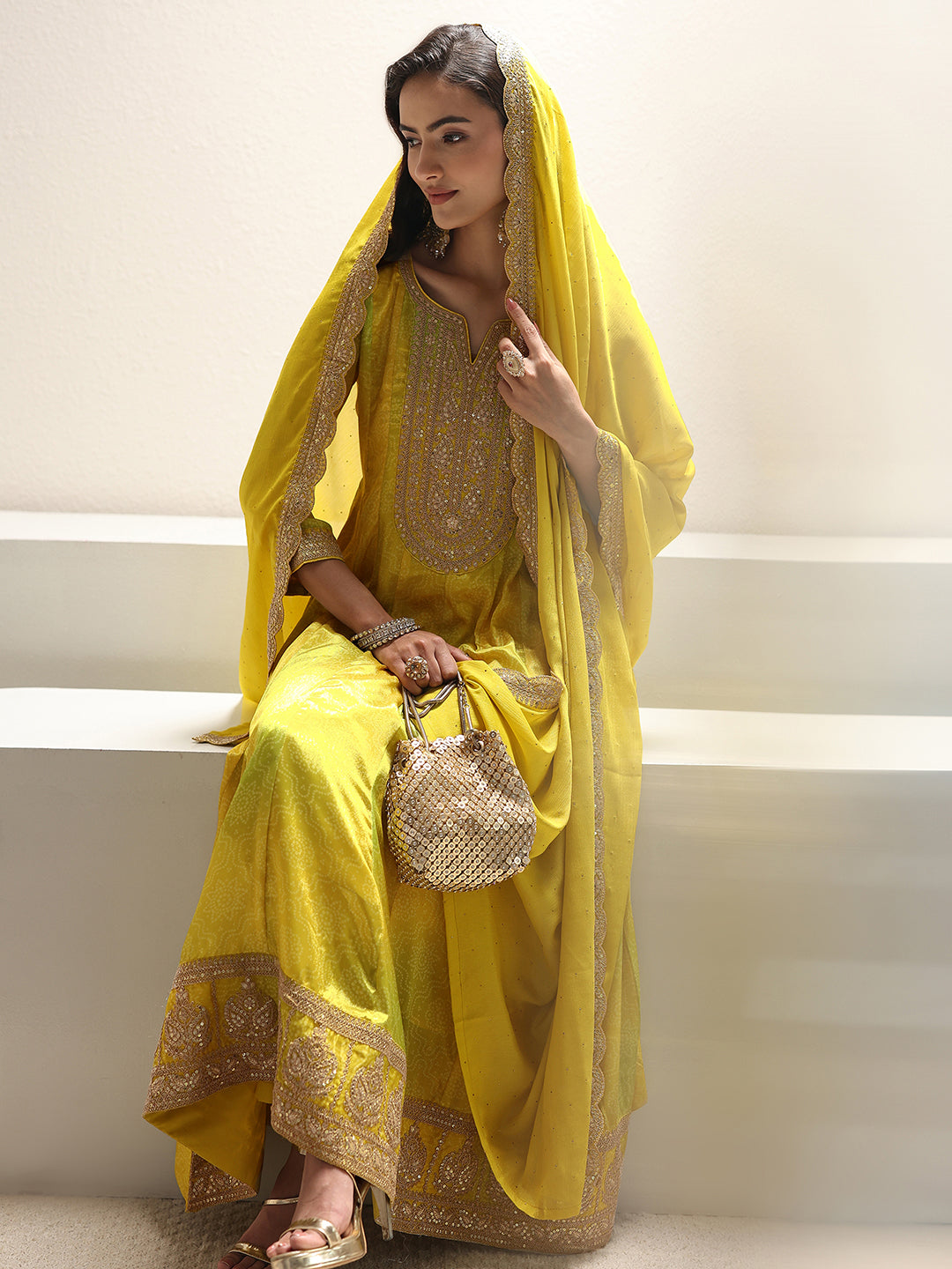 Lime Green Bandhani Printed Chinon Anarkali Suit Set With Dupatta-image-49