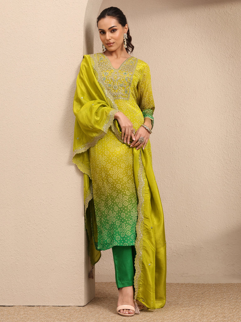 Libas Lime Green Bandhani Printed Silk Blend Suit Set With Dupatta