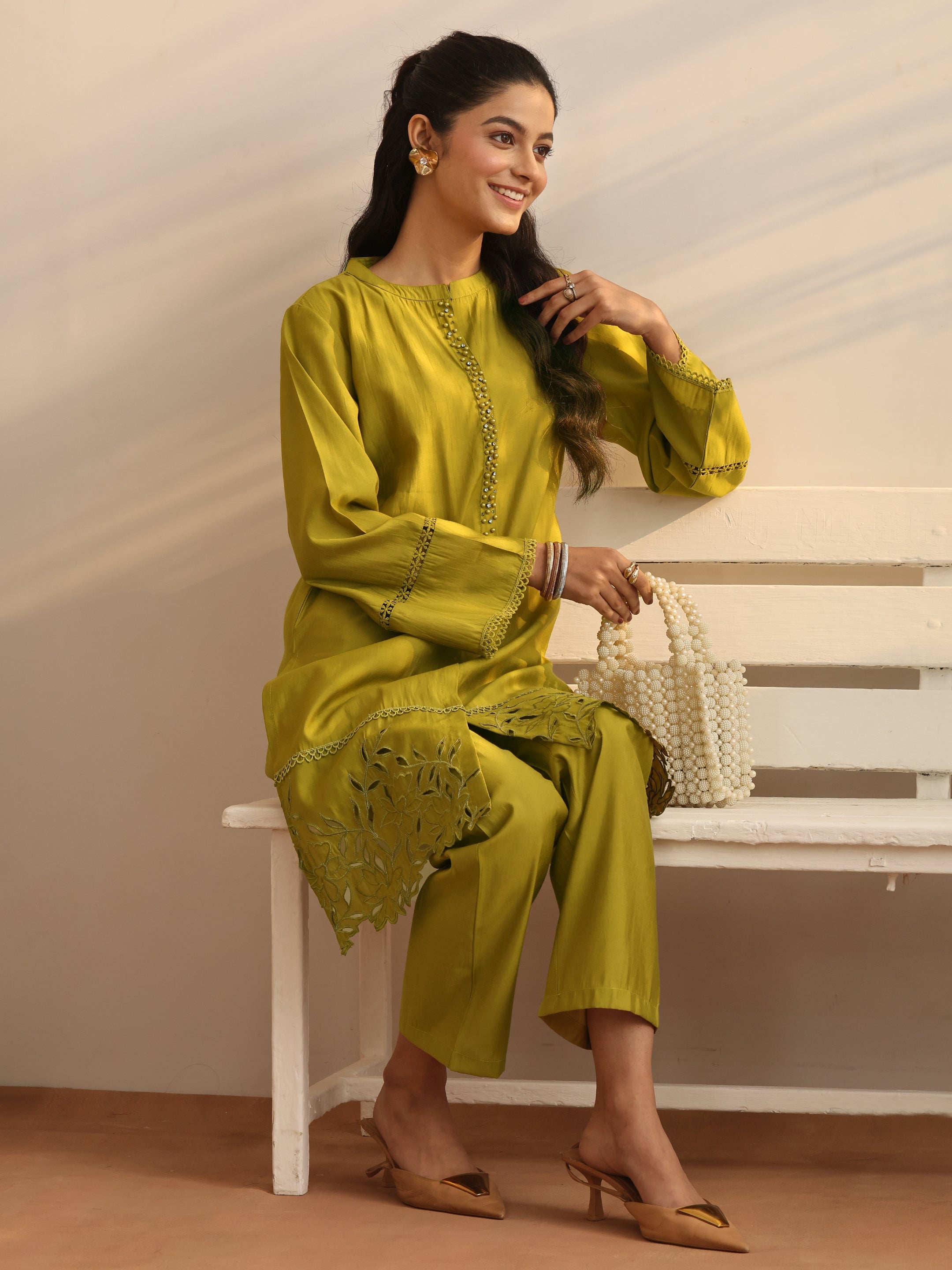 Lime Green Embellished Silk Blend Co-Ord Sets-image-43