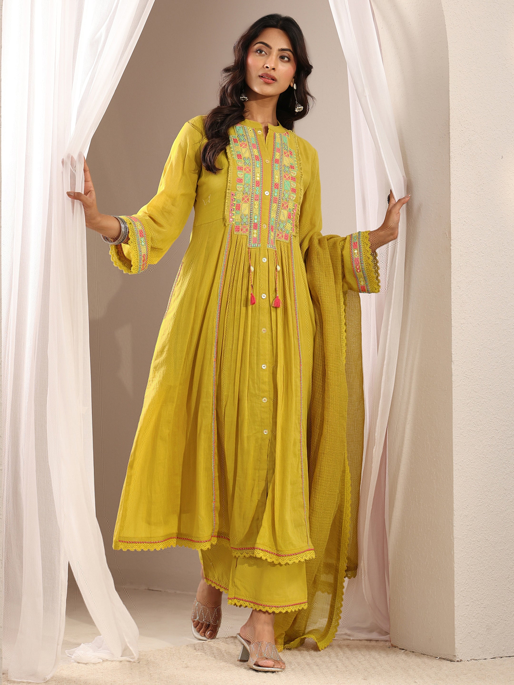 libas Lime Green Embroidered Cotton A-Line Suit Set With Dupatta-picture-51