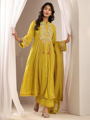 Lime Green Embroidered Cotton A-Line Suit Set With Dupatta