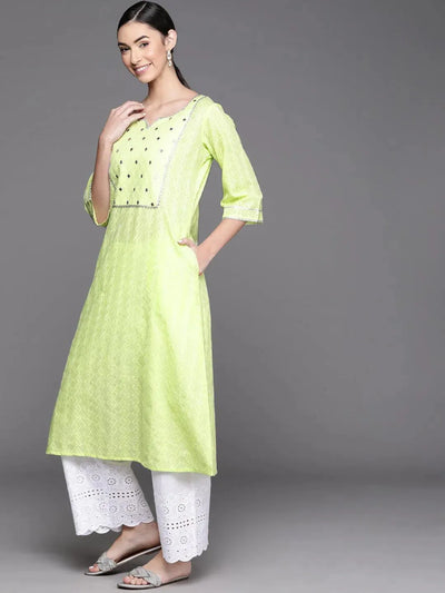 Lime Green Embroidered Cotton Kurta - Libas