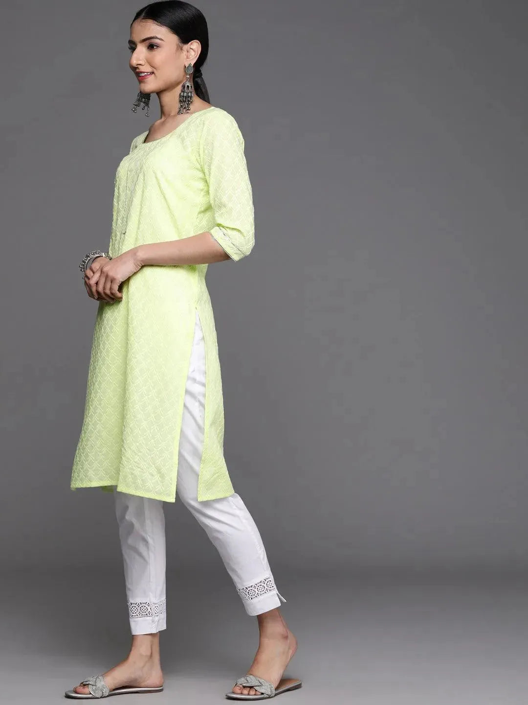 Lime Green Embroidered Cotton Kurta - Libas