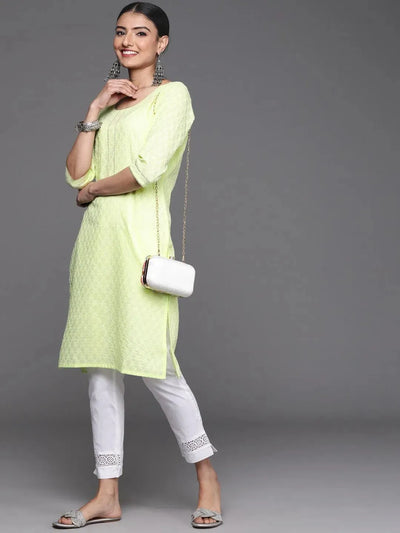 Lime Green Embroidered Cotton Kurta - Libas