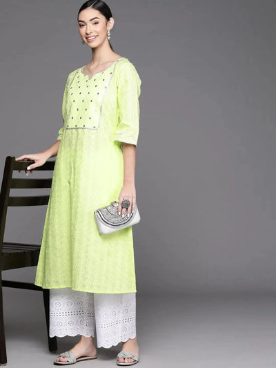 Lime Green Embroidered Cotton Kurta - Libas