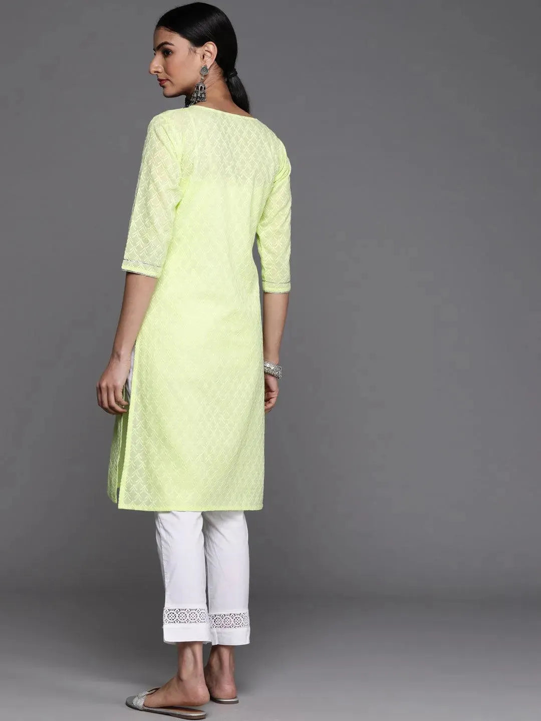 Lime Green Embroidered Cotton Kurta - Libas 