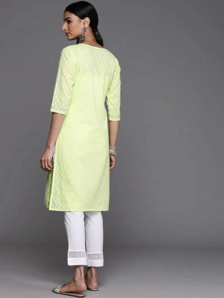 Lime Green Embroidered Cotton Kurta - Libas